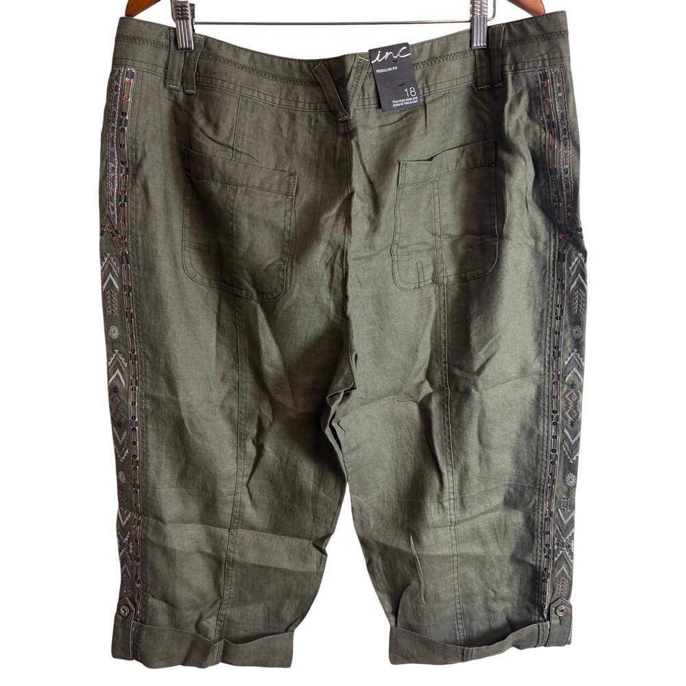 INC International Concept Linen Capri Pants Women 18 Olive Green Beaded Trim New